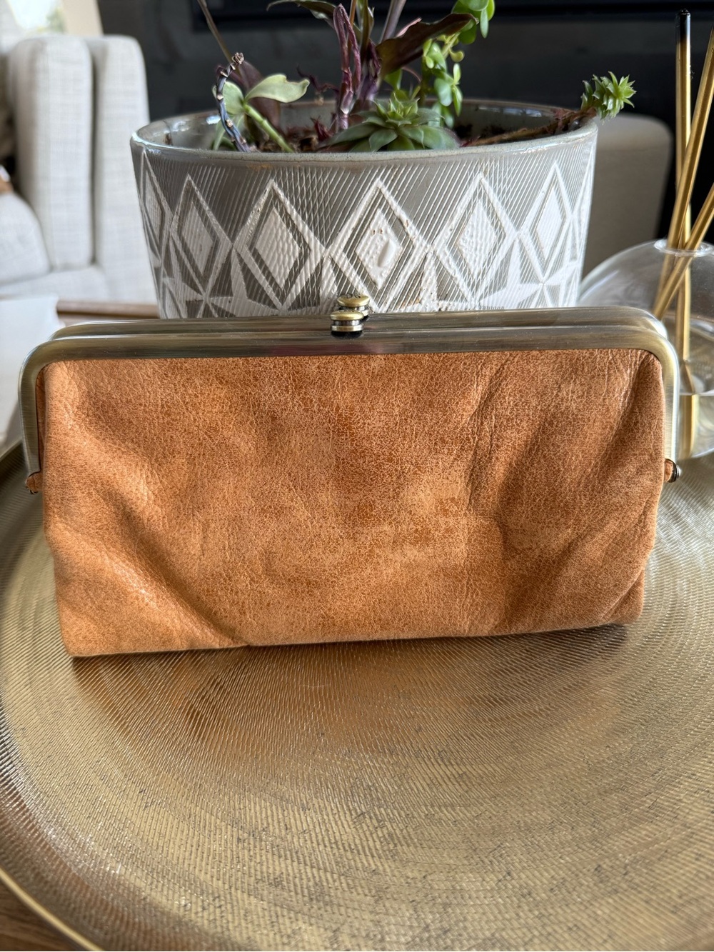 HOBO Tan Leather Clutch, magnetic closure & double kisslock side compartments